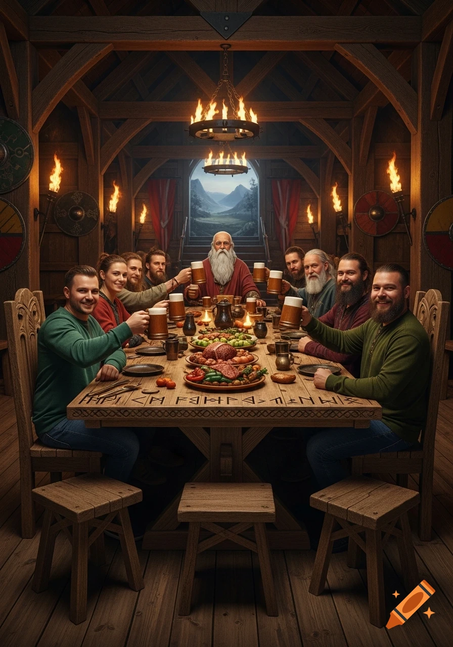 Photorealistic image of a joyful group celebrating around a feast table in a Viking mead hall, raising mugs, with rune carvings on the table.