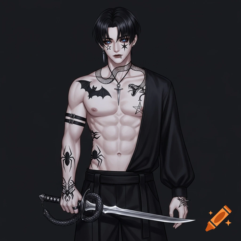 Anime-style male character with black hair, blue star eyes, pale skin, and numerous gothic tattoos, wearing dark clothing and holding a sword.