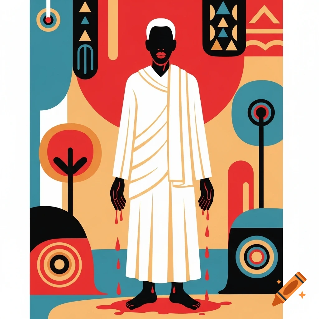 A stylized folk art illustration of a dark-skinned man in a white robe, with blood dripping from his hands and feet, set against an abstract, colorful background.