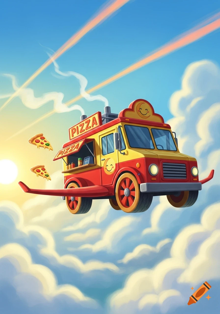A red and yellow cartoon pizza food truck with small wings flies through a sunny, cloudy sky, with slices of pizza floating alongside it.