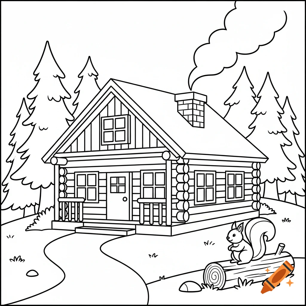 Black and white line art coloring page of a cozy log cabin in the woods with a squirrel.