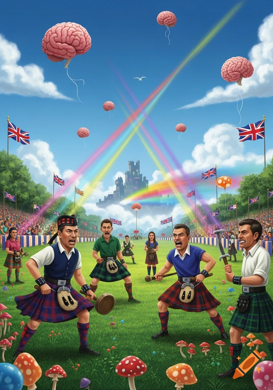 Surreal scene of men in kilts competing on a grassy field with floating brains, rainbow beams, giant mushrooms, and a castle in the background, under British flags.