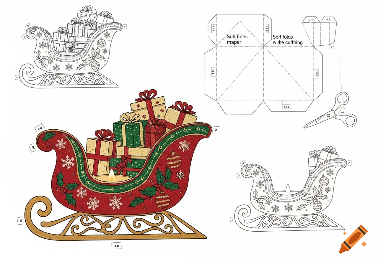 A Christmas craft template featuring a red and green sleigh filled with presents, along with a cut-out diagram for folding a box and a pair of scissors.