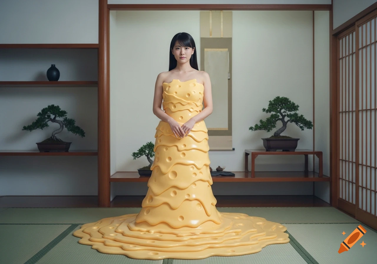 A Japanese woman wears a yellow, floor-length dress resembling melted cheese with holes, standing in a traditional Japanese room with bonsai trees.