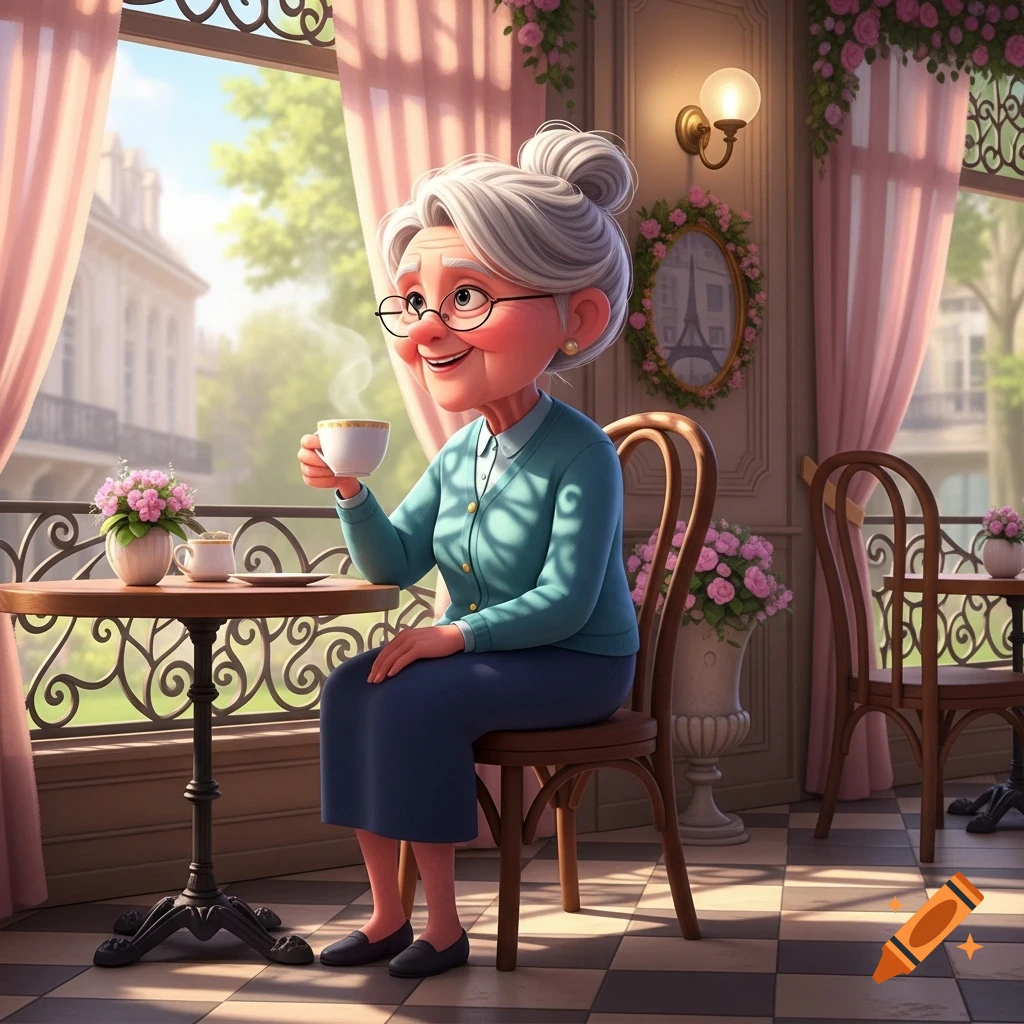 A cheerful, white-haired old lady in a blue cardigan sips coffee at a table in a bright Parisian cafe, cartoon style.