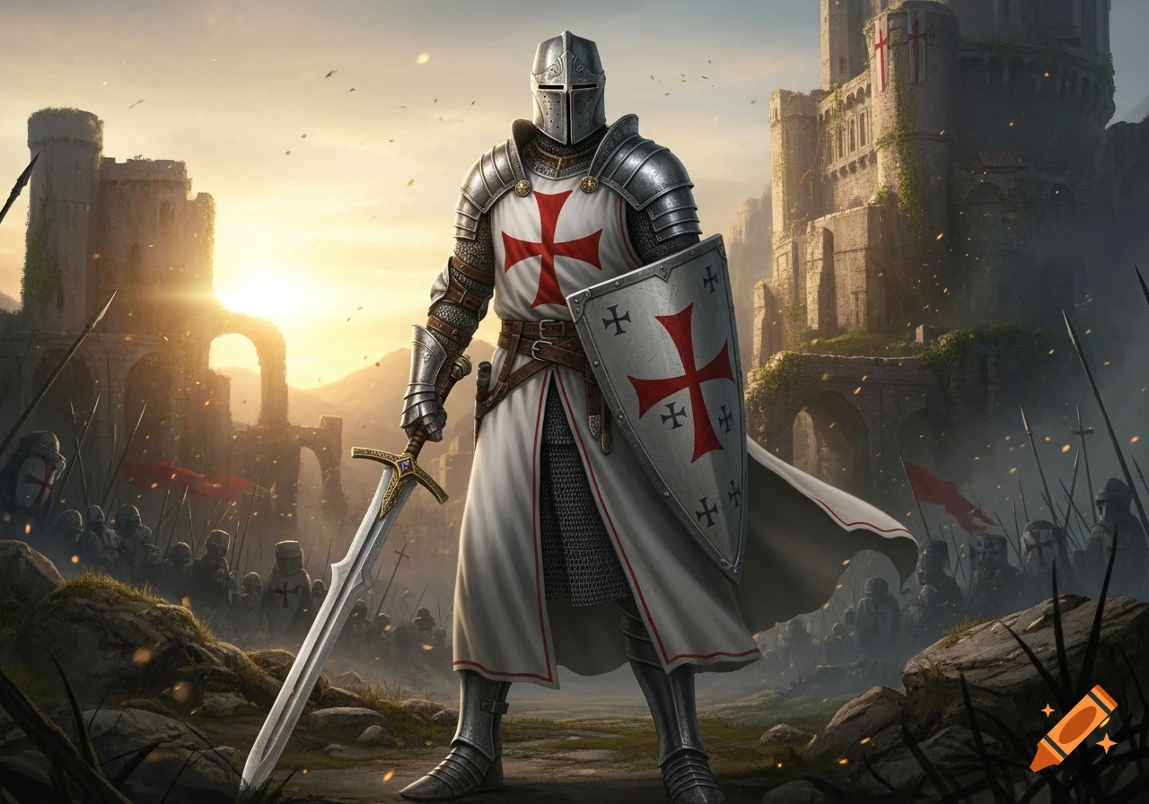 A knight in full armor, with a red cross on his surcoat and shield, stands before a ruined castle at sunset. Digital art.