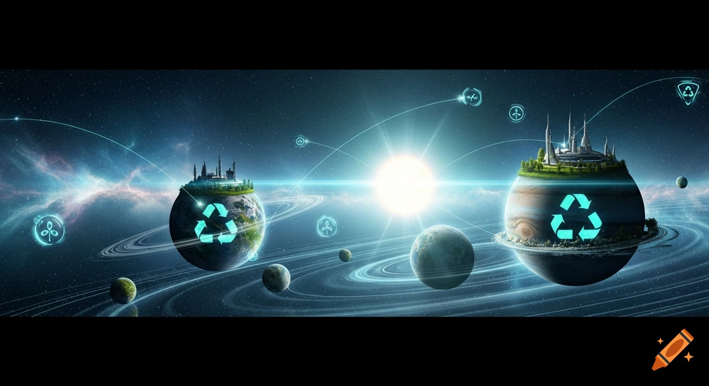 Futuristic space scene with planets hosting cities and glowing recycle symbols, interconnected by light beams, centered on a bright sun.