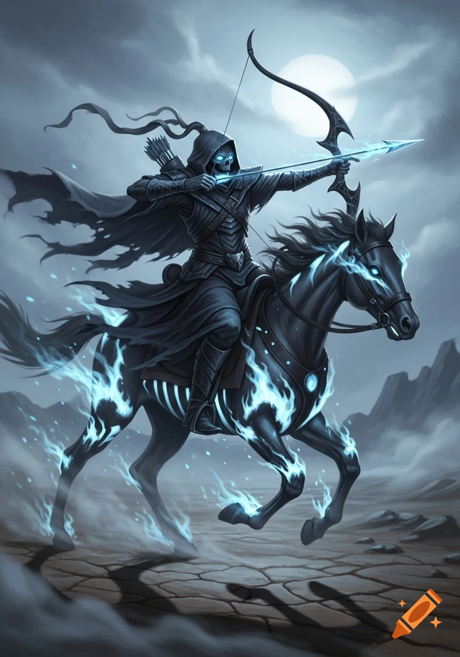 A skeletal figure in dark robes with glowing blue eyes rides a black horse wreathed in blue flames, aiming a glowing bow and arrow under a full moon in a desolate landscape.