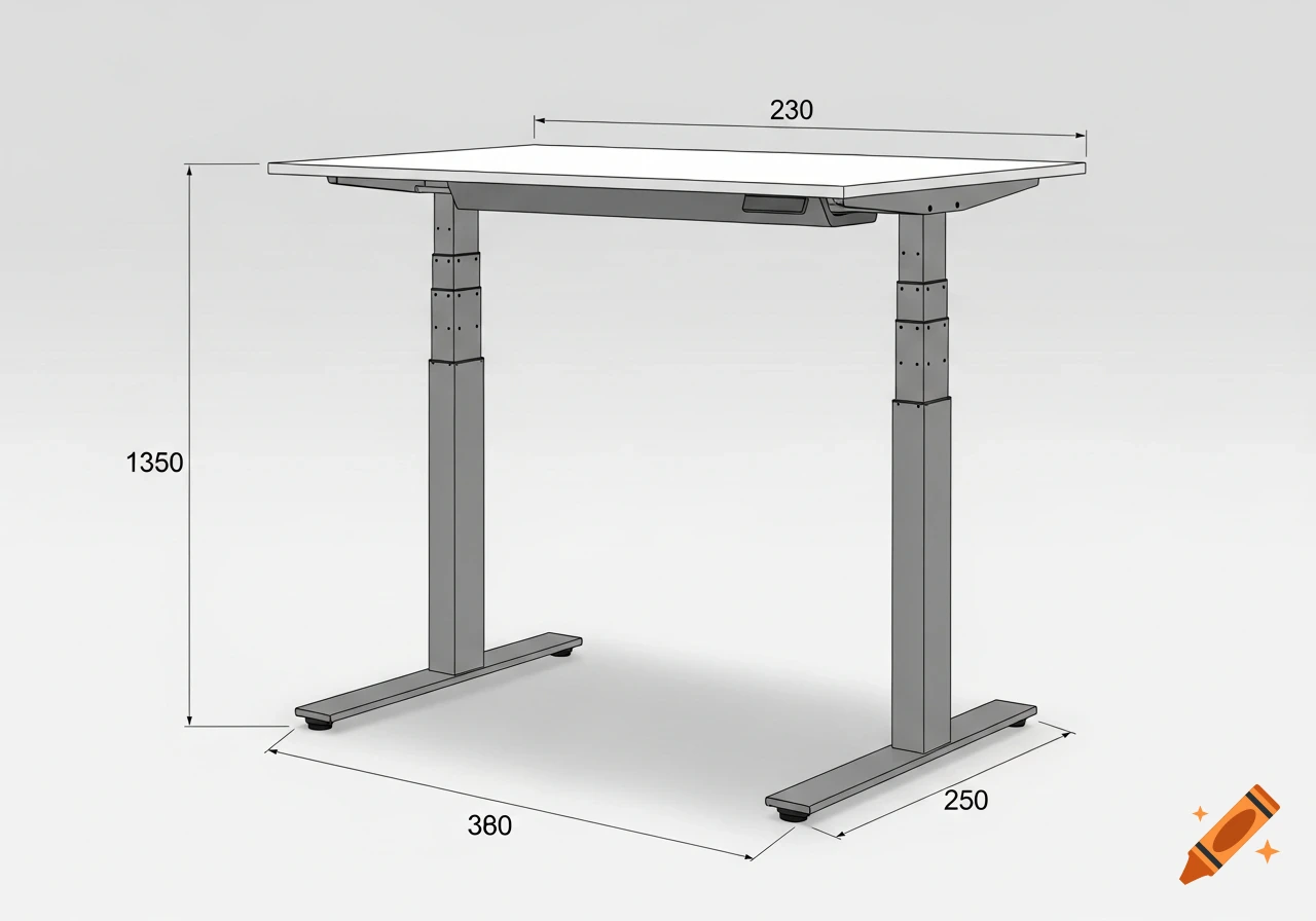 Technical drawing of a height-adjustable standing desk with a white top and gray frame, showing dimensions.