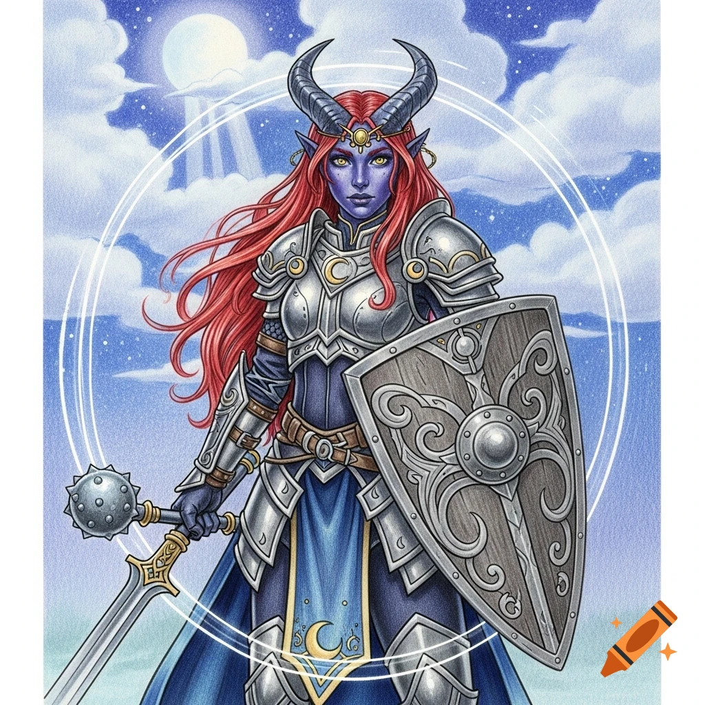 A female tiefling cleric with red hair, purple skin, and horns, wearing silver armor with a blue tunic, holding a mace and shield under a full moon. Colored pencil illustration.