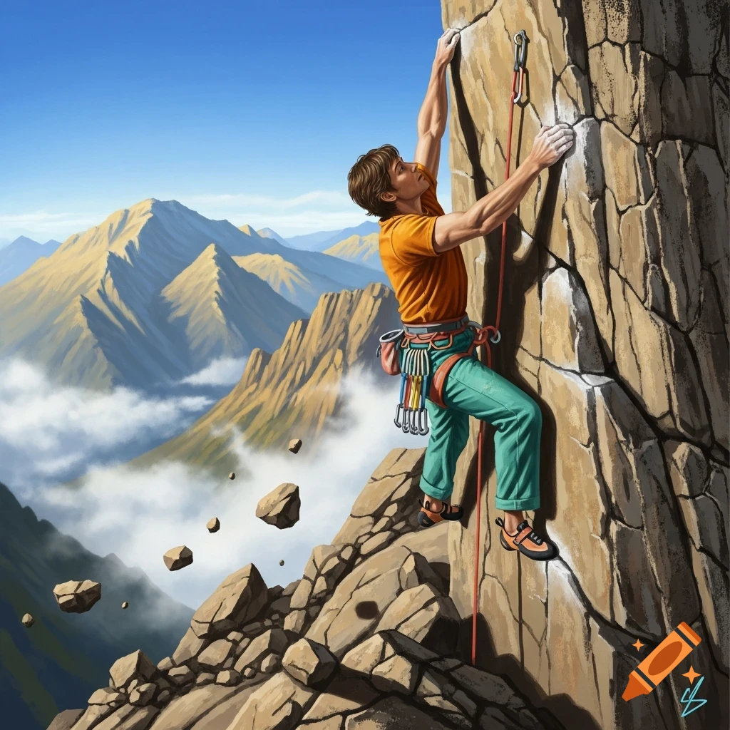 A man in an orange shirt and green pants rock climbing on a steep cliff with majestic mountains and clouds in the background.