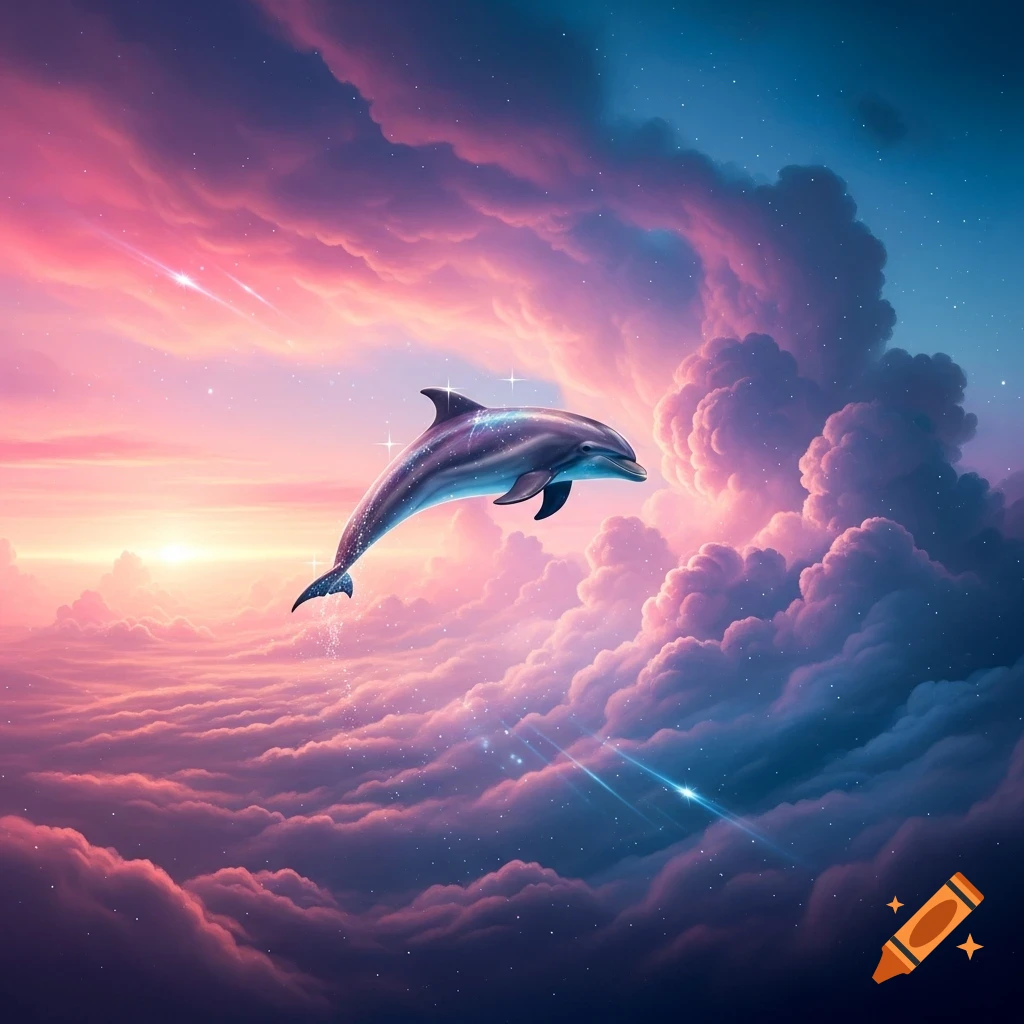 A sparkling dolphin soars through a magical sky filled with pink, purple, and blue clouds at sunset.