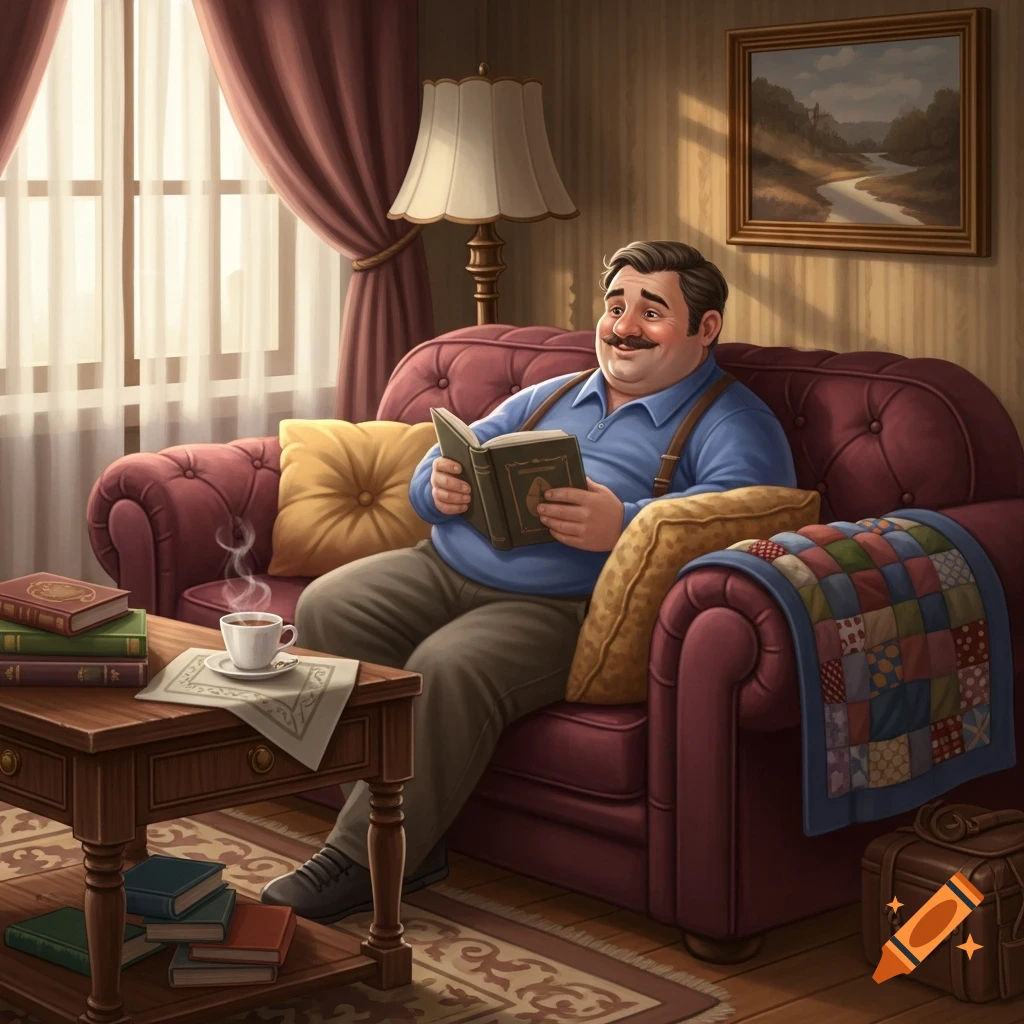 A jovial, moustached man in a blue shirt and suspenders sits on a red couch, contentedly reading a book in a cozy room.