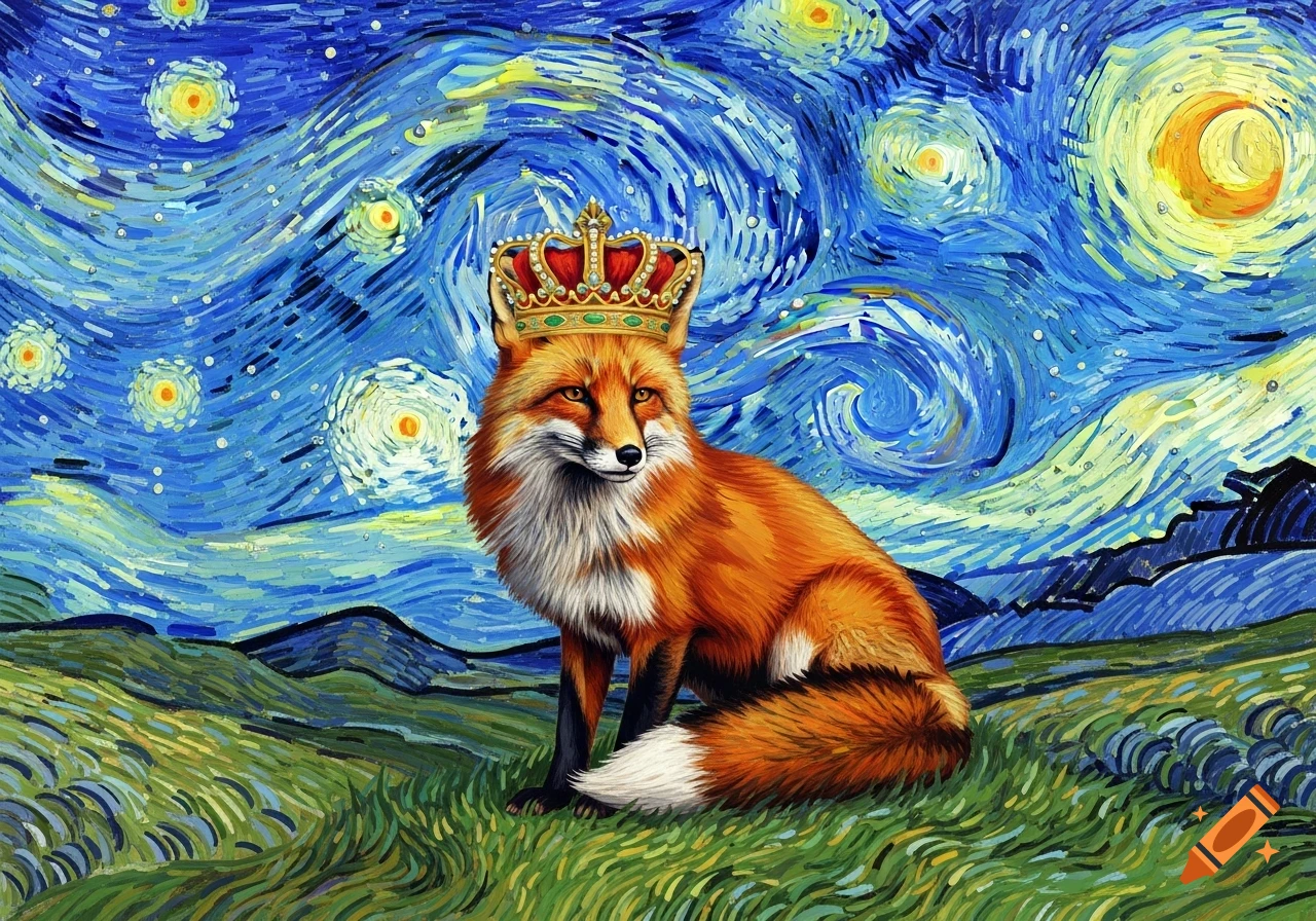 A red fox wearing a crown sits in a grassy field under a swirling, starry night sky in the style of Van Gogh.