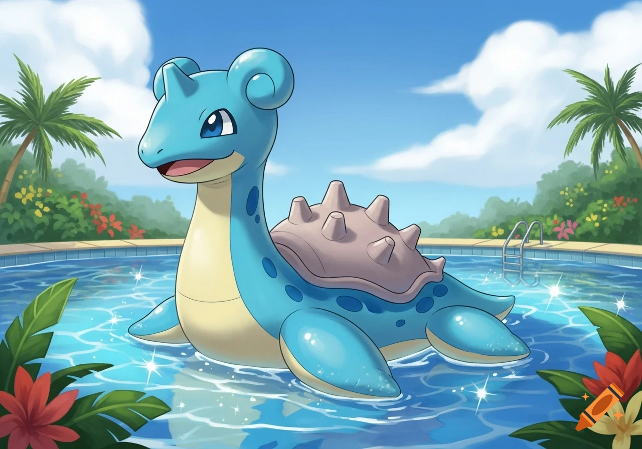 A cartoon Lapras with a happy expression floats in a sparkling blue swimming pool, surrounded by tropical plants and palm trees under a sunny sky.