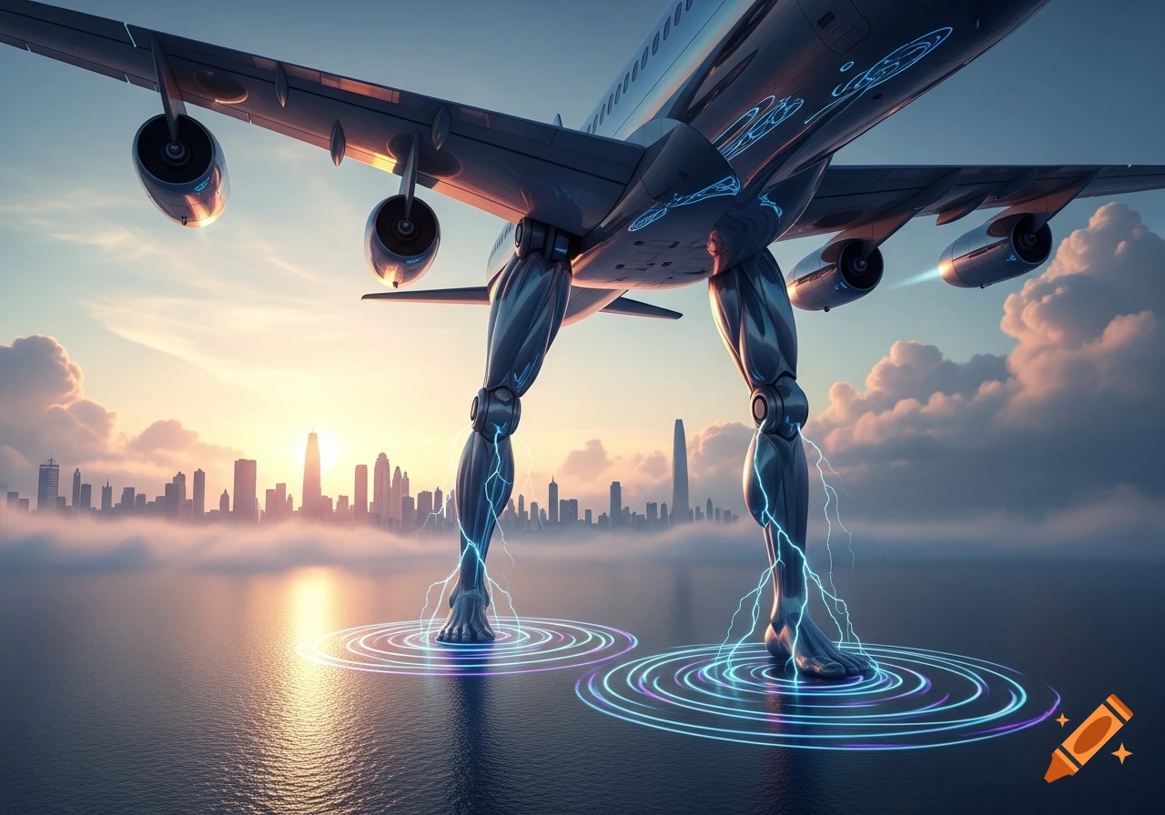 A surreal image of a large airplane with robotic legs standing on water, with glowing rings and lightning effects, set against a sunset city skyline.