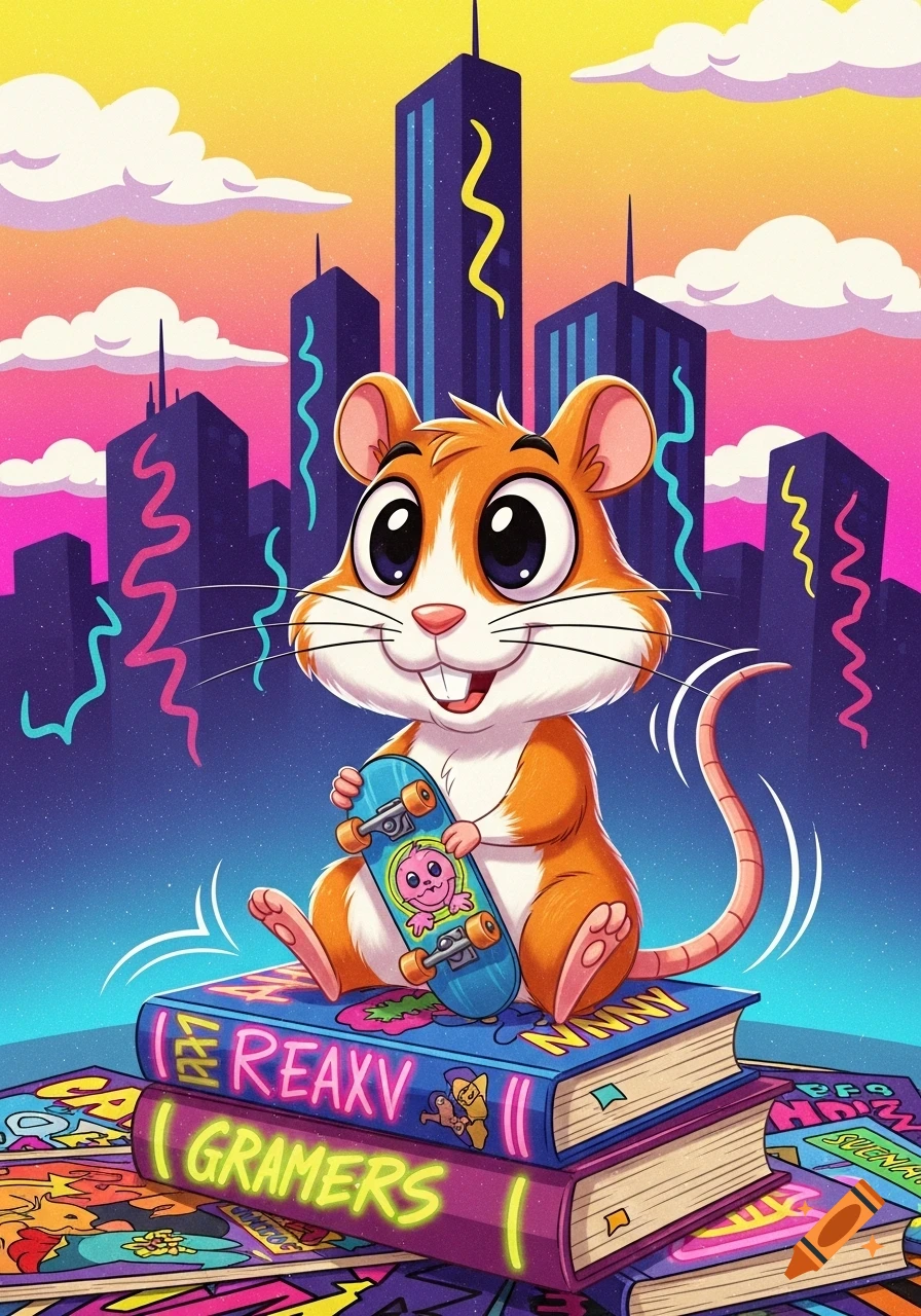 A cute cartoon gerbil with big eyes sits on a stack of colorful books, holding a skateboard, with a vibrant 90s-style city skyline background.