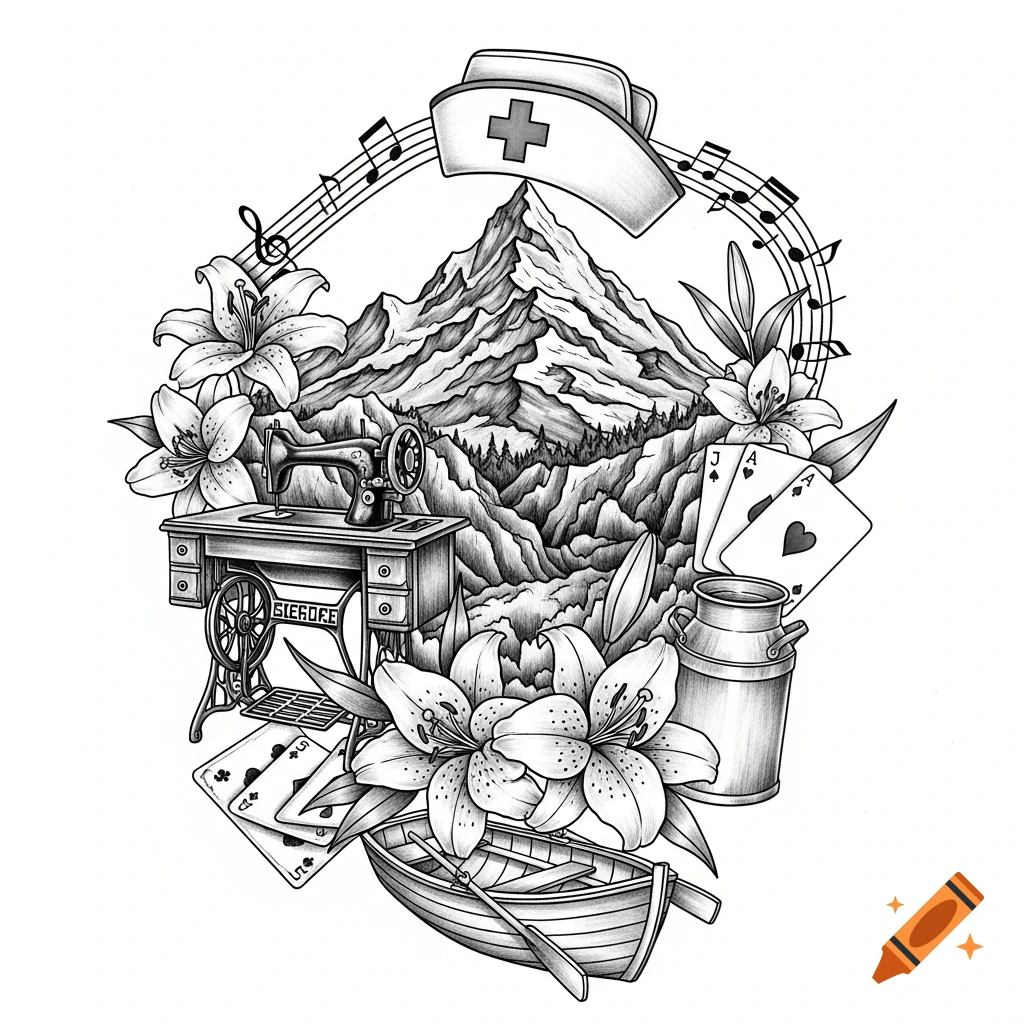 Black-and-grey tattoo-style illustration featuring a mountain, lilies, sewing machine, nurse hat, playing cards, milk can, rowboat, and musical notes.