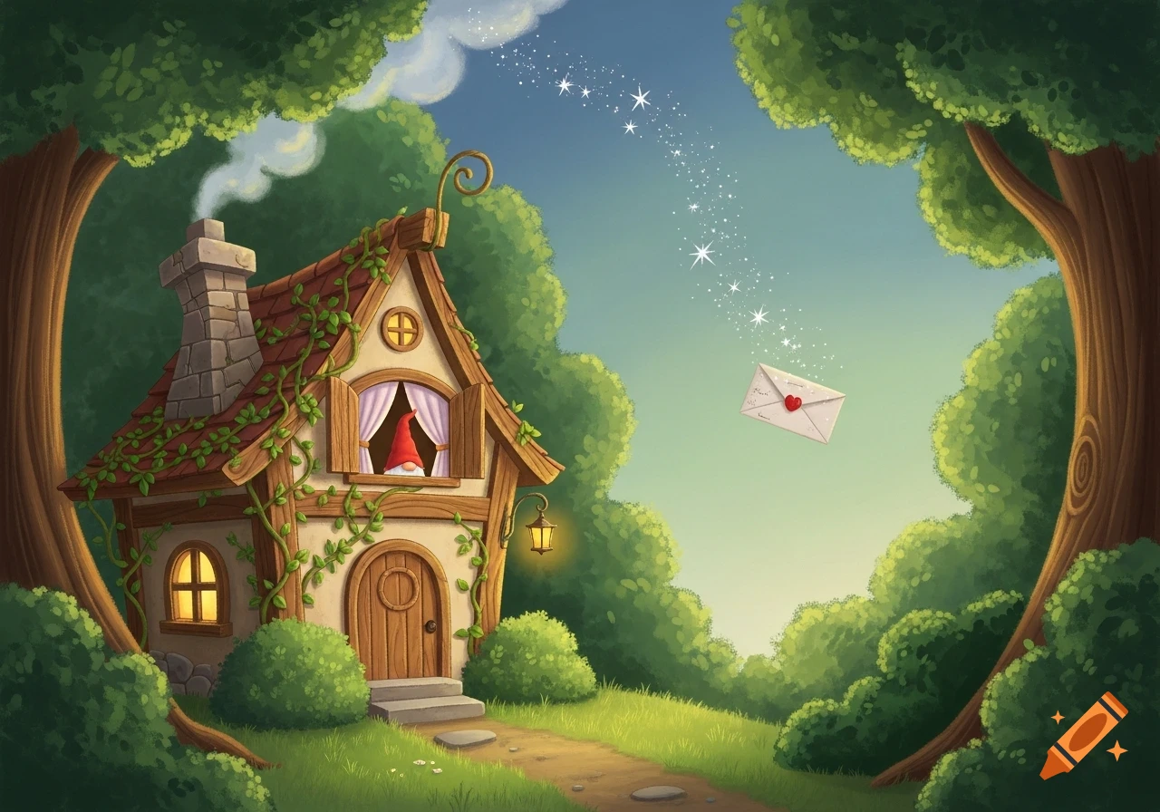 A whimsical illustration of a cozy cottage in a forest, with a gnome looking out a window as a magical letter flies by.