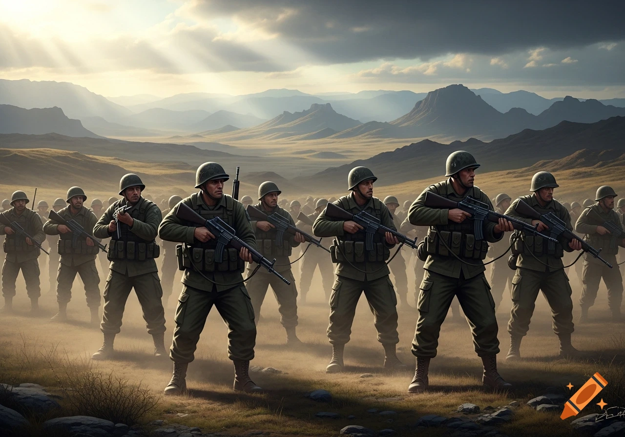 A line of soldiers in green military fatigues and helmets, holding rifles, stand in a dusty, mountainous desert landscape with sun rays.