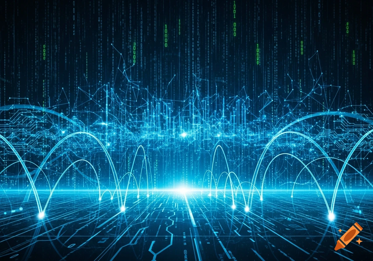 Glowing blue digital landscape with circuit board patterns, network connections, and falling binary code, high-tech style.