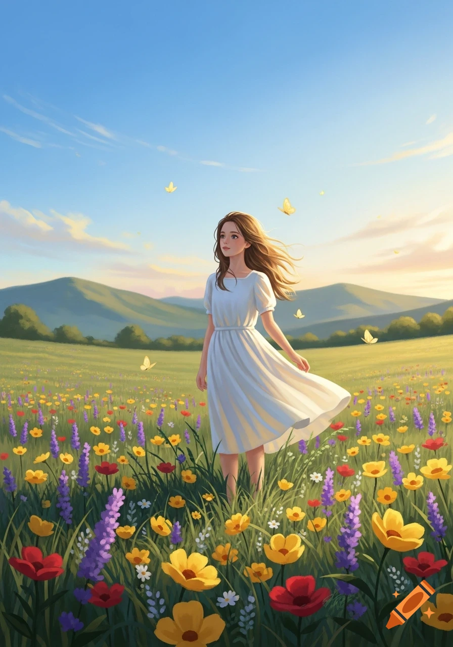 An artistic illustration of a young woman in a white dress standing in ...