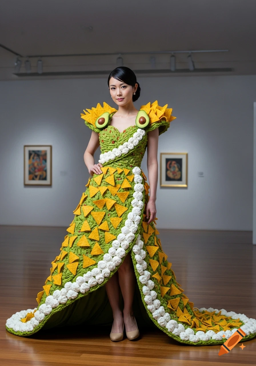 Japanese woman in an art gallery wears a unique green and yellow dress made of textured fabric, triangular 'chips', and avocado halves.