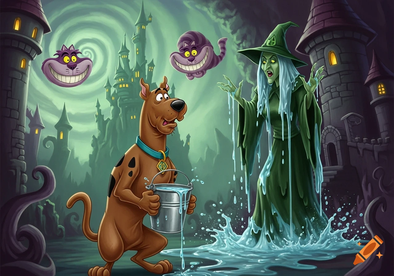 Scooby-Doo holds a bucket of water, looking concerned at a melting wicked witch, with two Cheshire Cat heads and a spooky castle in the background, in a cartoon style.