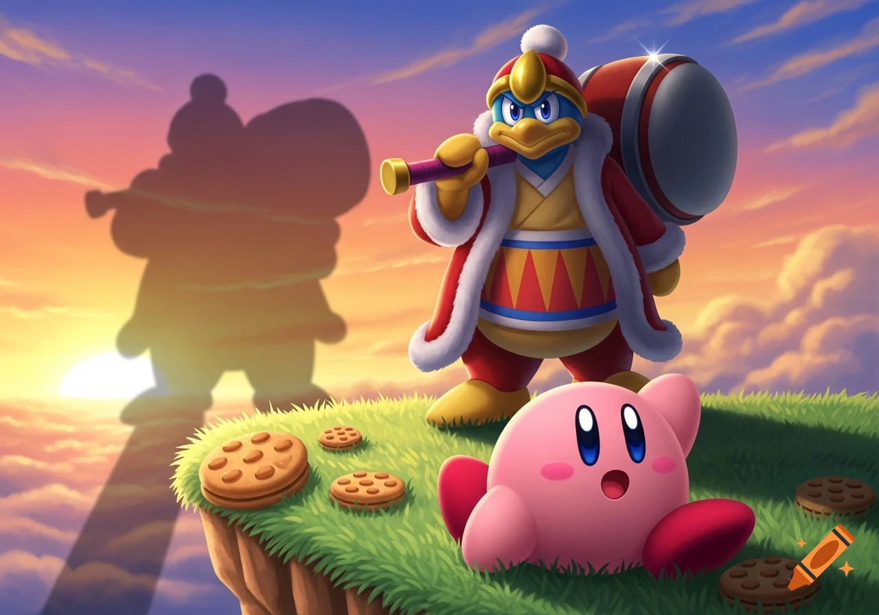 King Dedede, holding his hammer, stands on a grassy cliff casting a long shadow over a sunset sky with Kirby and cookies.