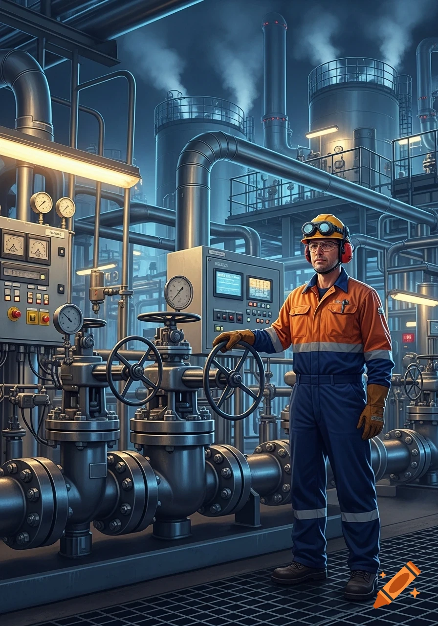 Photorealistic image of a gas plant operator in safety gear standing amidst industrial pipes and control panels.