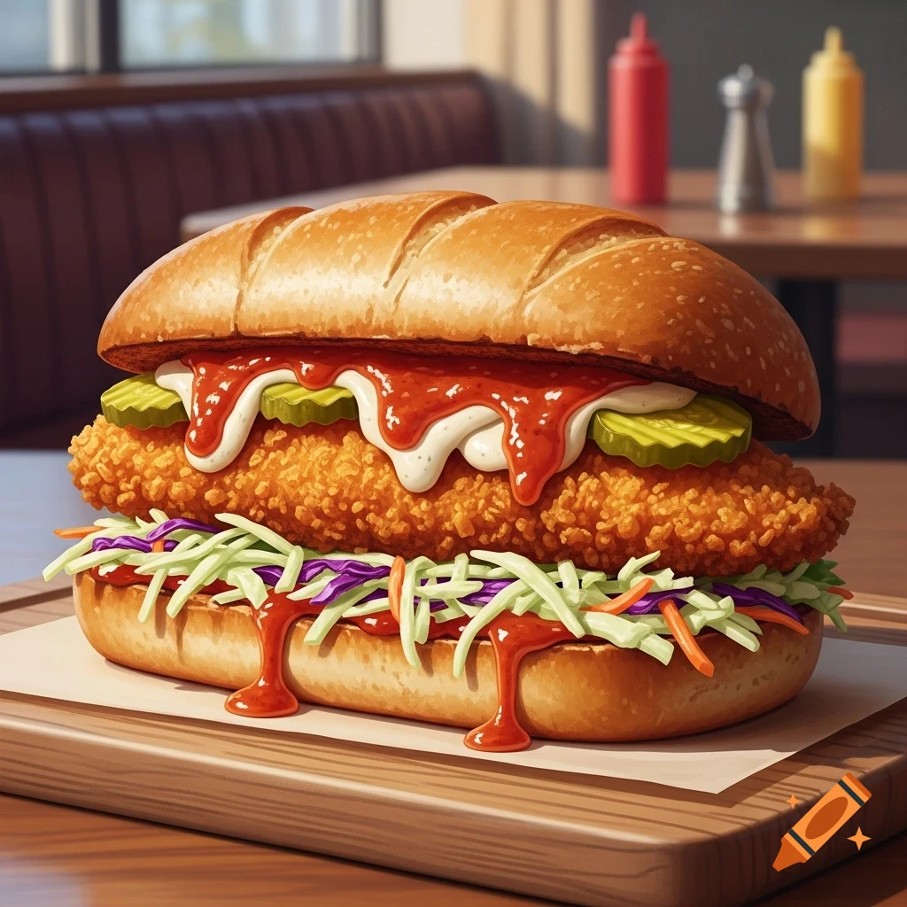A photorealistic crispy chicken sandwich with coleslaw, pickles, and dripping sauces on a bun, served on a wooden board in a restaurant setting.