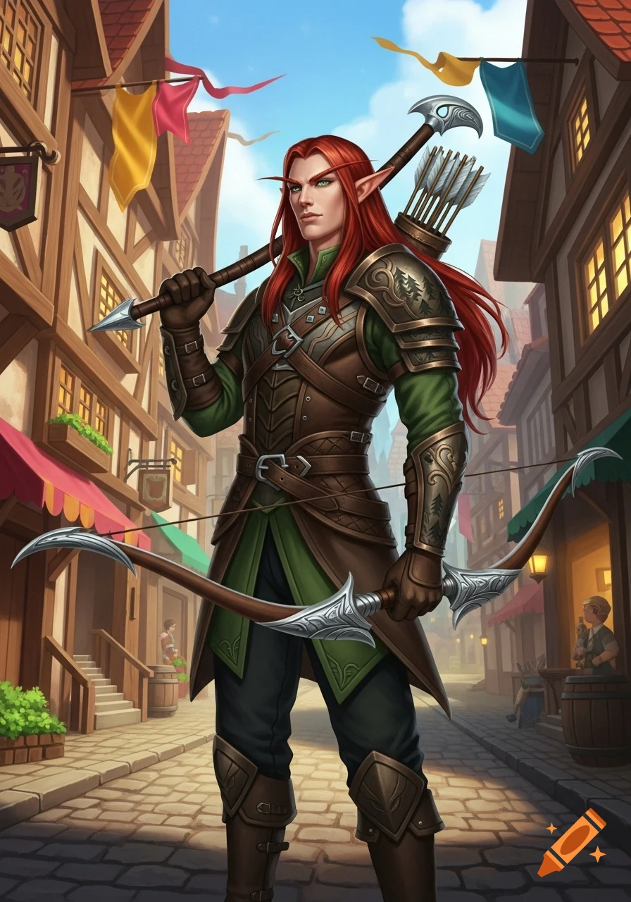 A red-haired male elf in fantasy armor stands in a medieval town street, holding a bow and a staff, with a quiver on his back.