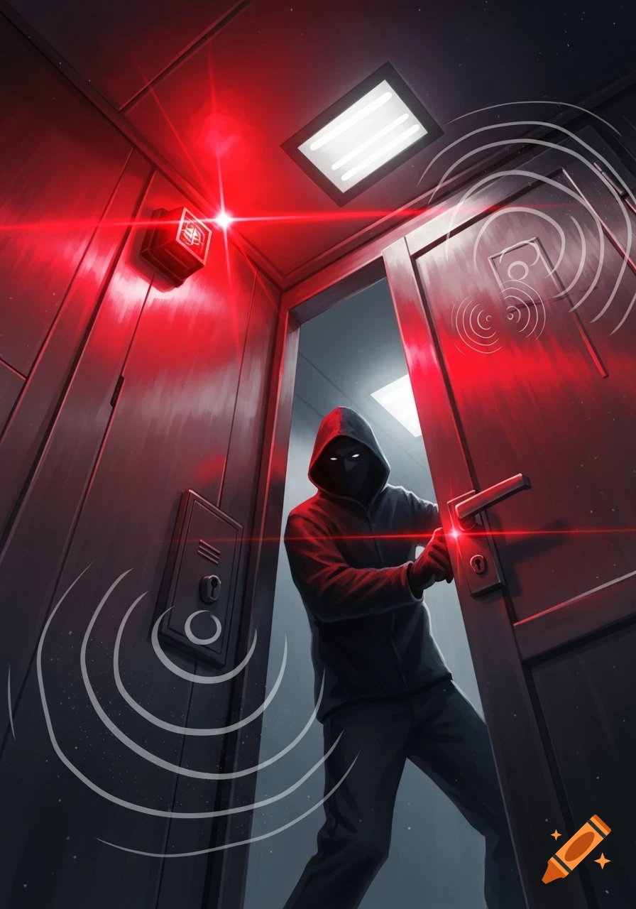 A masked thief in a hoodie opens a door in a dark, red-lit room with an active security alarm, depicted in a stylized illustration.