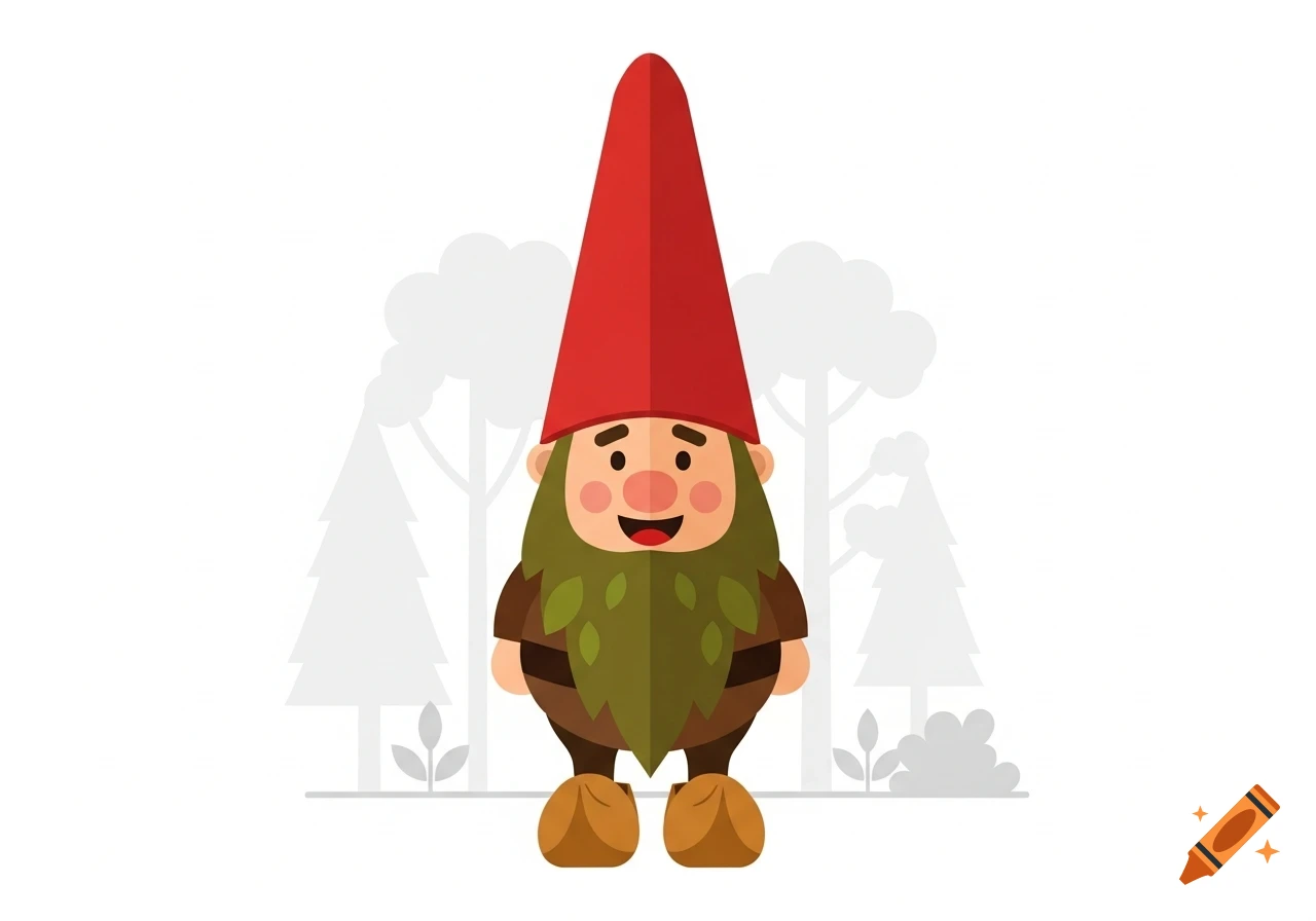 A cheerful, cartoonish gnome with a red pointy hat and a green beard stands against a backdrop of stylized gray trees.
