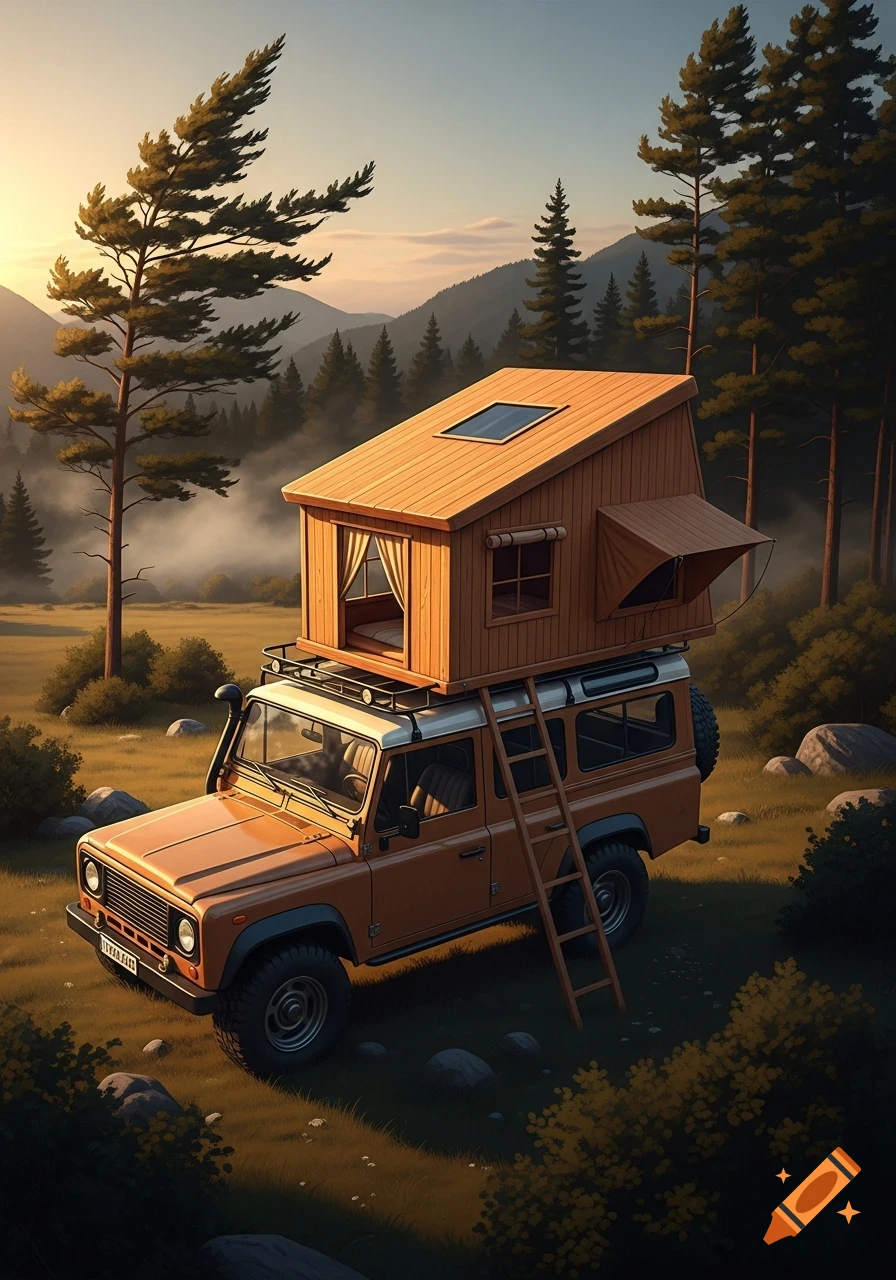 Illustrative orange off-road vehicle with a wooden rooftop tent in a pine forest mountain landscape at sunrise.