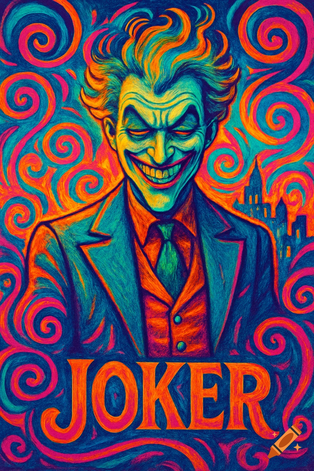 Trippy retro poster of the Joker with a wide smile, vibrant colors, and 'JOKER' text at the bottom.