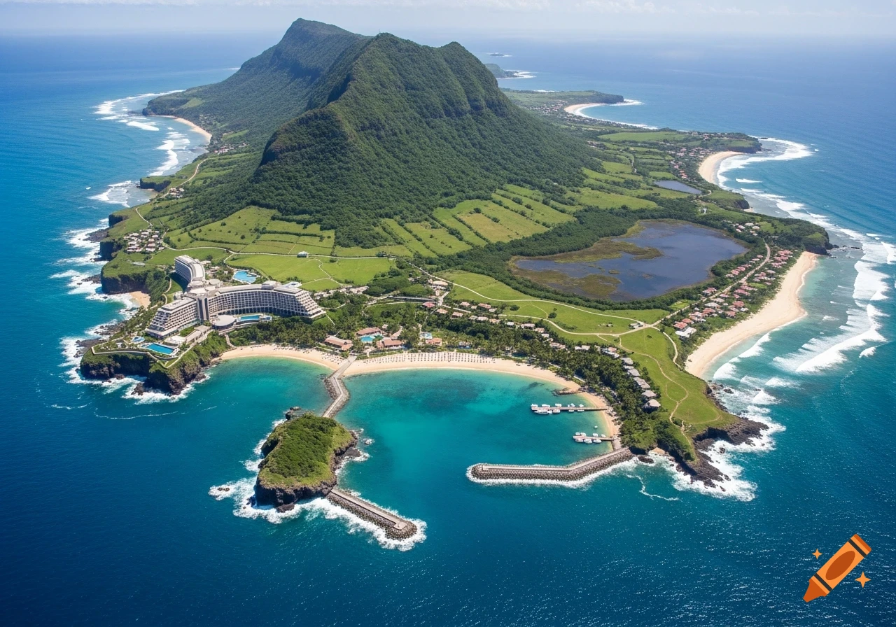 Aerial photorealistic view of a lush tropical island resort with mountains, beaches, a large hotel, and docks in clear blue water.