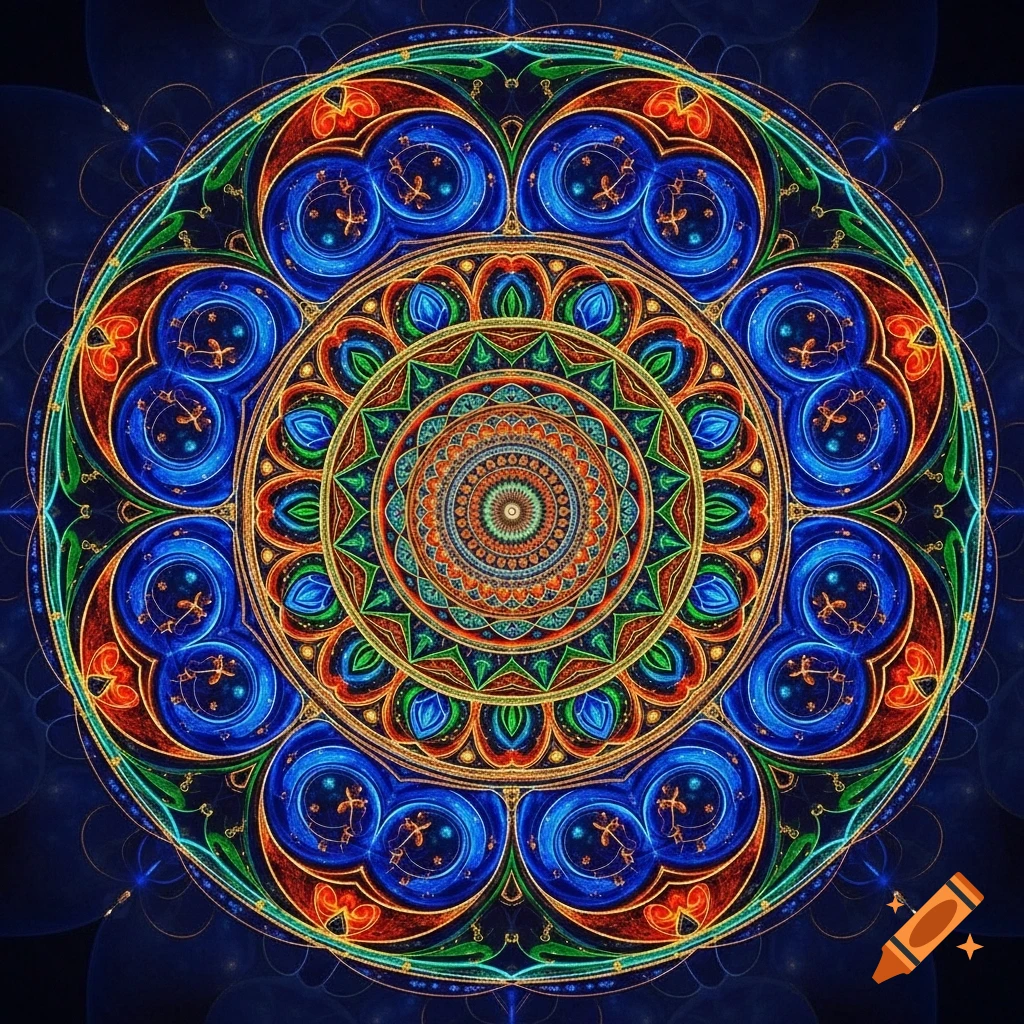 A vibrant, intricate mandala with concentric patterns in blue, orange, green, and gold, glowing on a dark blue background.