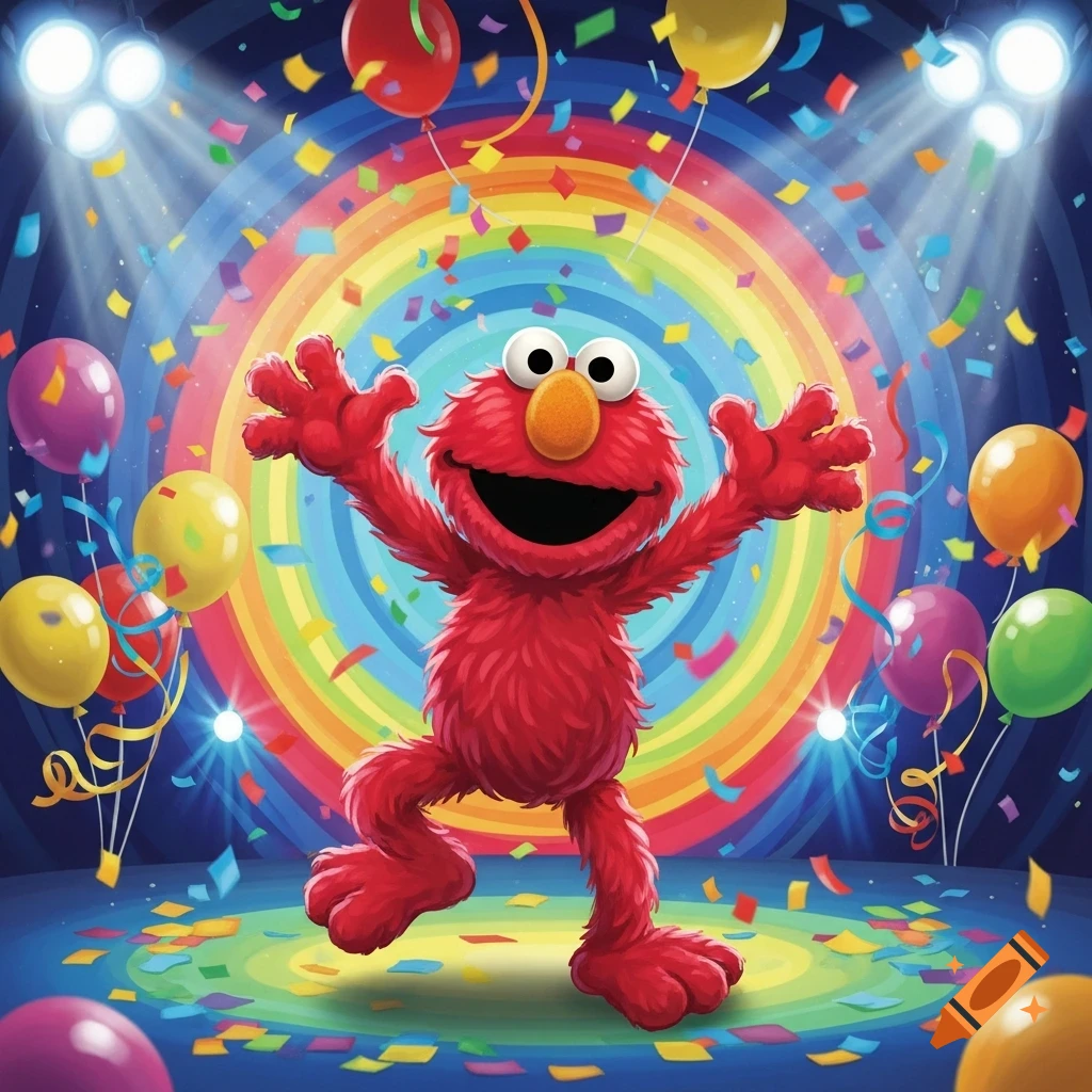 Elmo jumping joyfully at a colorful party with balloons, confetti, and a rainbow backdrop under bright spotlights.
