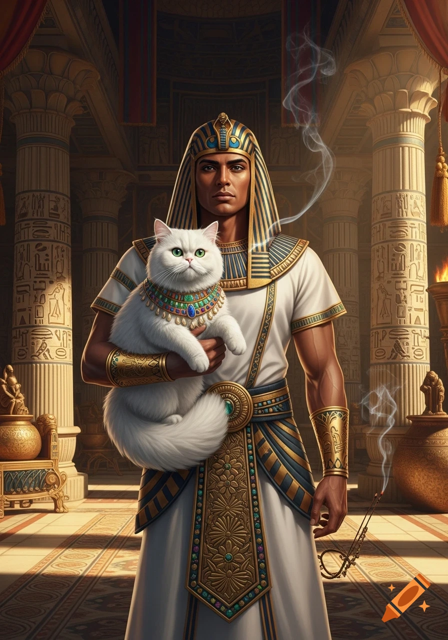 A handsome Egyptian pharaoh in a white and gold tunic, holding a fluffy white Persian cat with green eyes in a temple.