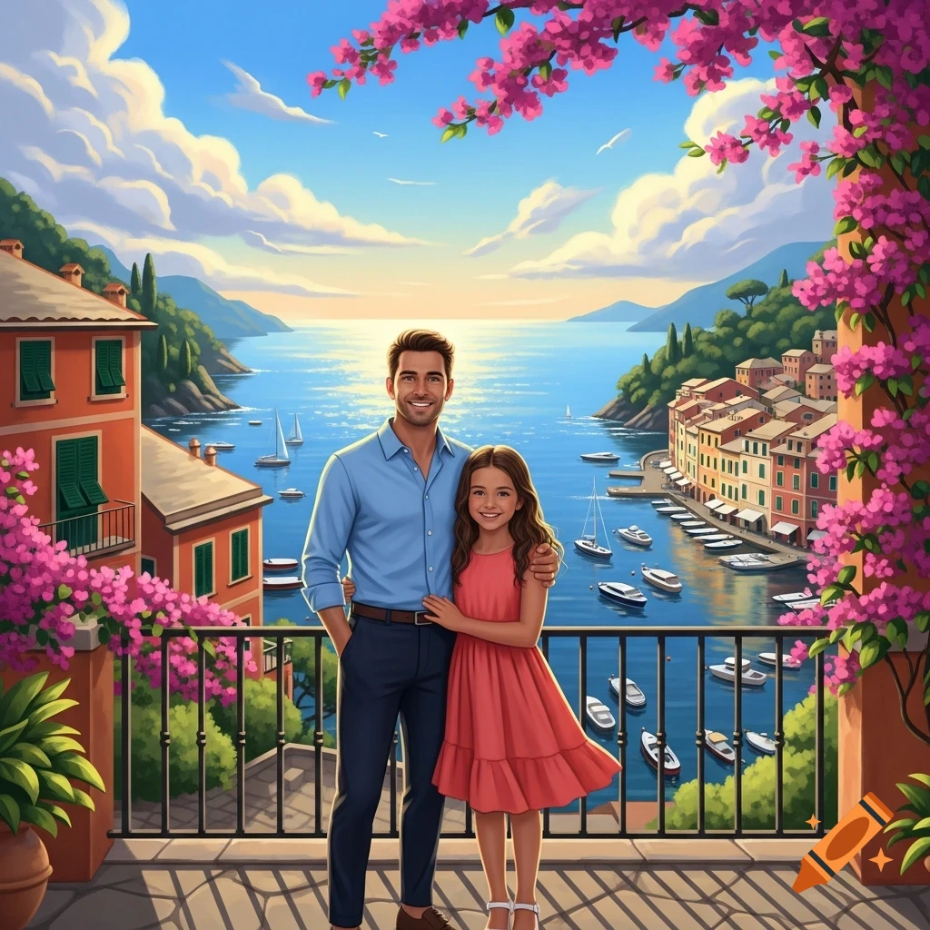 Illustrated man and young girl on a balcony overlooking a vibrant Portofino-style bay with boats, colorful buildings, and blooming pink flowers.