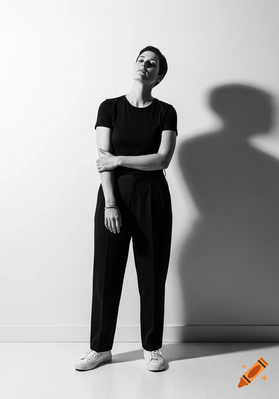 Black and white full-body portrait of a person with short hair in a black t-shirt, black trousers, and white sneakers, standing confidently against a white wall.