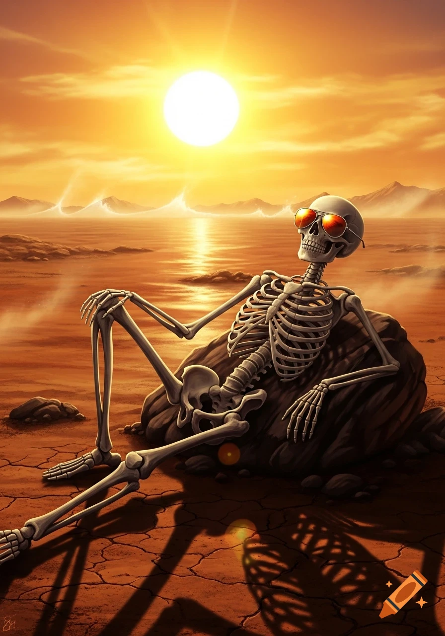 A skeleton in red sunglasses leans on a rock in a cracked desert landscape with a body of water and a bright orange sunset.