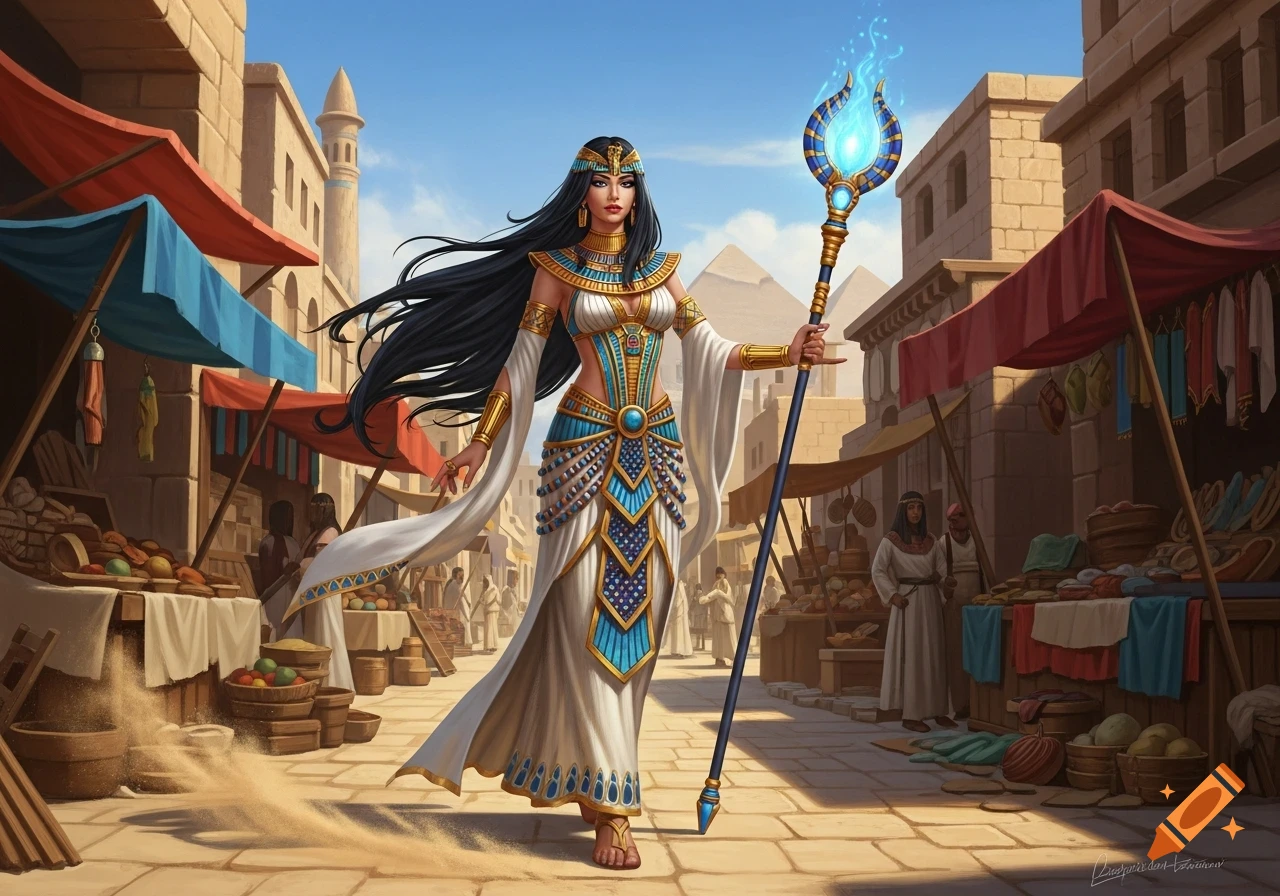 An Egyptian sorceress with long black hair, wearing ornate white and blue clothing, holds a glowing magic staff in a bustling city market street.