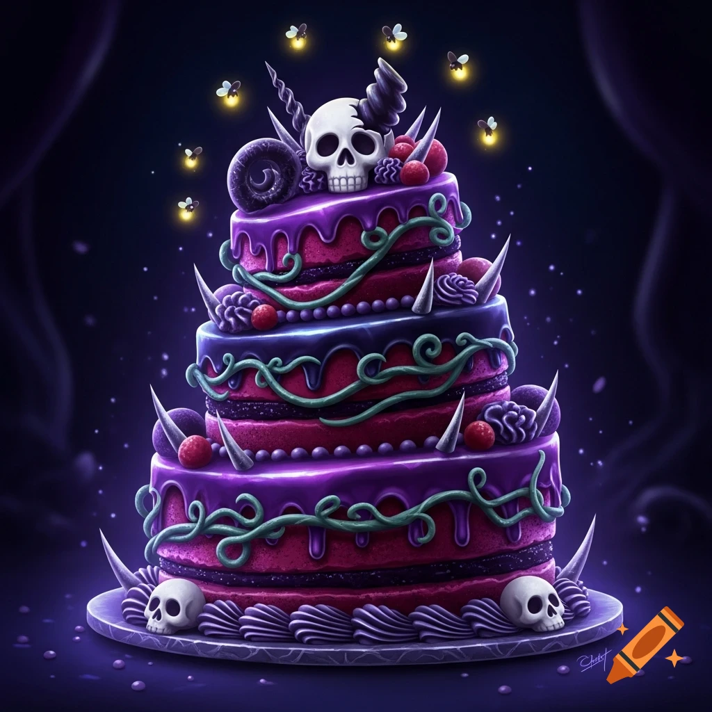 A dark, multi-tiered cake decorated with skulls, spikes, purple and red frosting, and glowing fireflies.