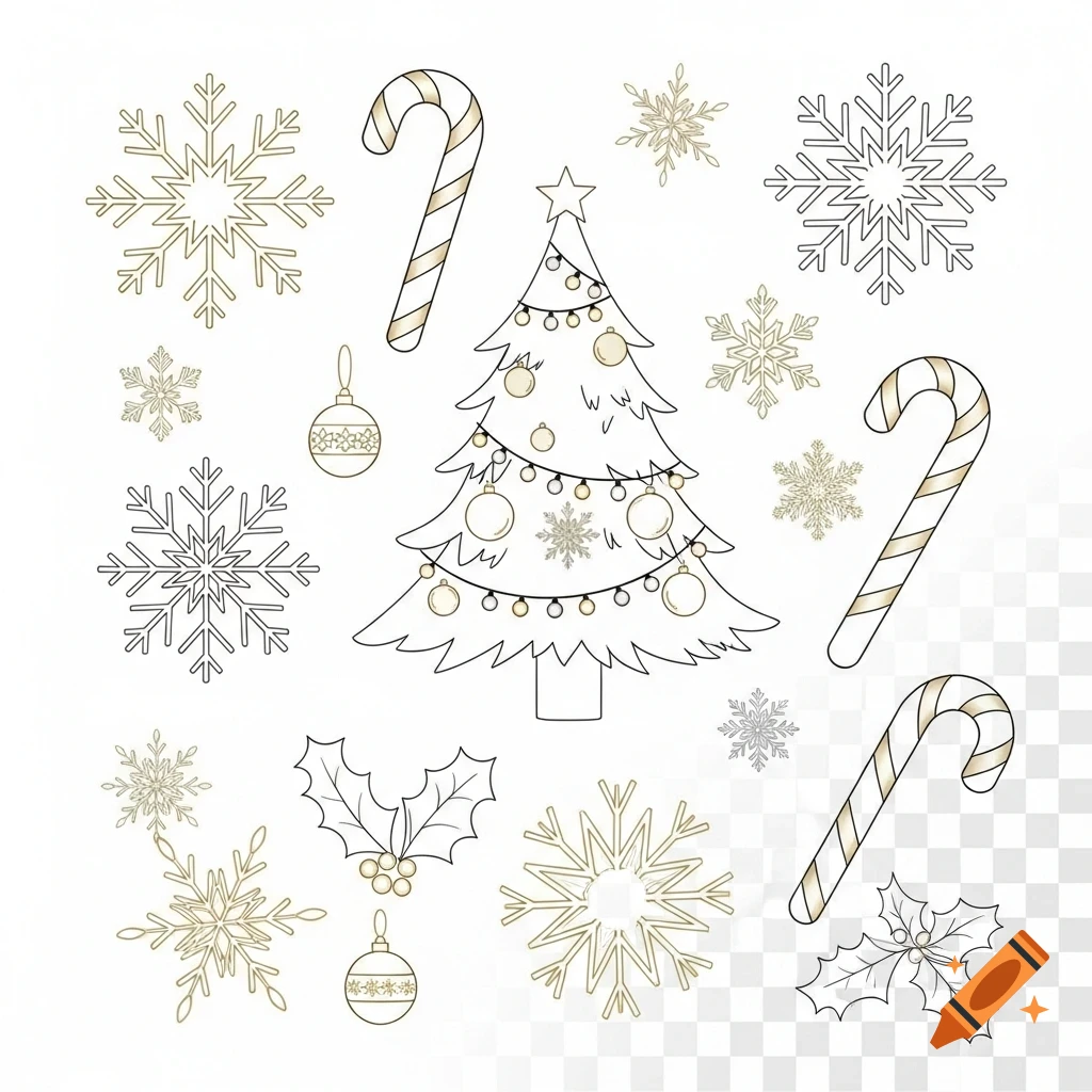 Christmas clipart outlines featuring a decorated tree, candy canes, snowflakes, and holly with berries on a transparent background.