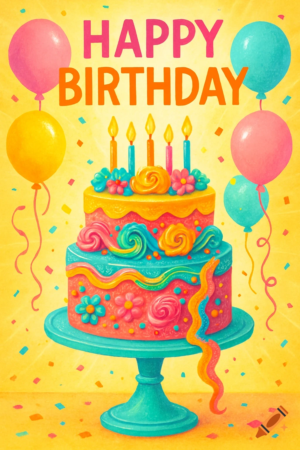 A vibrant illustration of a two-tier birthday cake with candles, surrounded by colorful balloons and confetti on a yellow background, featuring 'Happy Birthday' text.