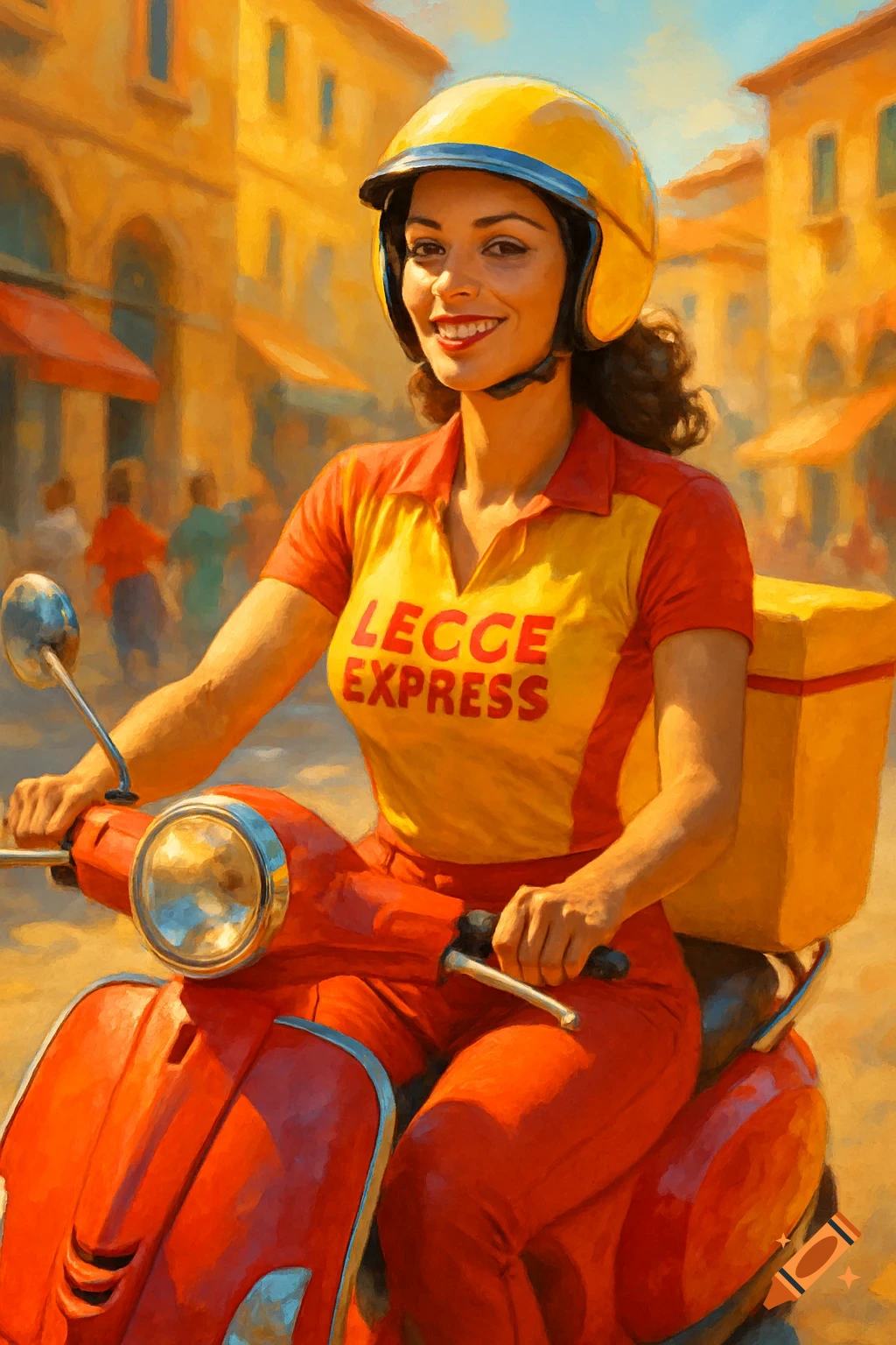 Smiling woman in yellow/red uniform and helmet on a red scooter in a sunny, painterly city.