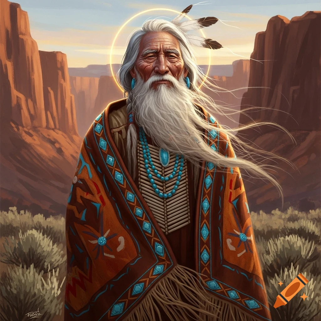 Digital painting of an old Native American man with a long white beard, wearing a patterned blanket and turquoise beads in a desert canyon.