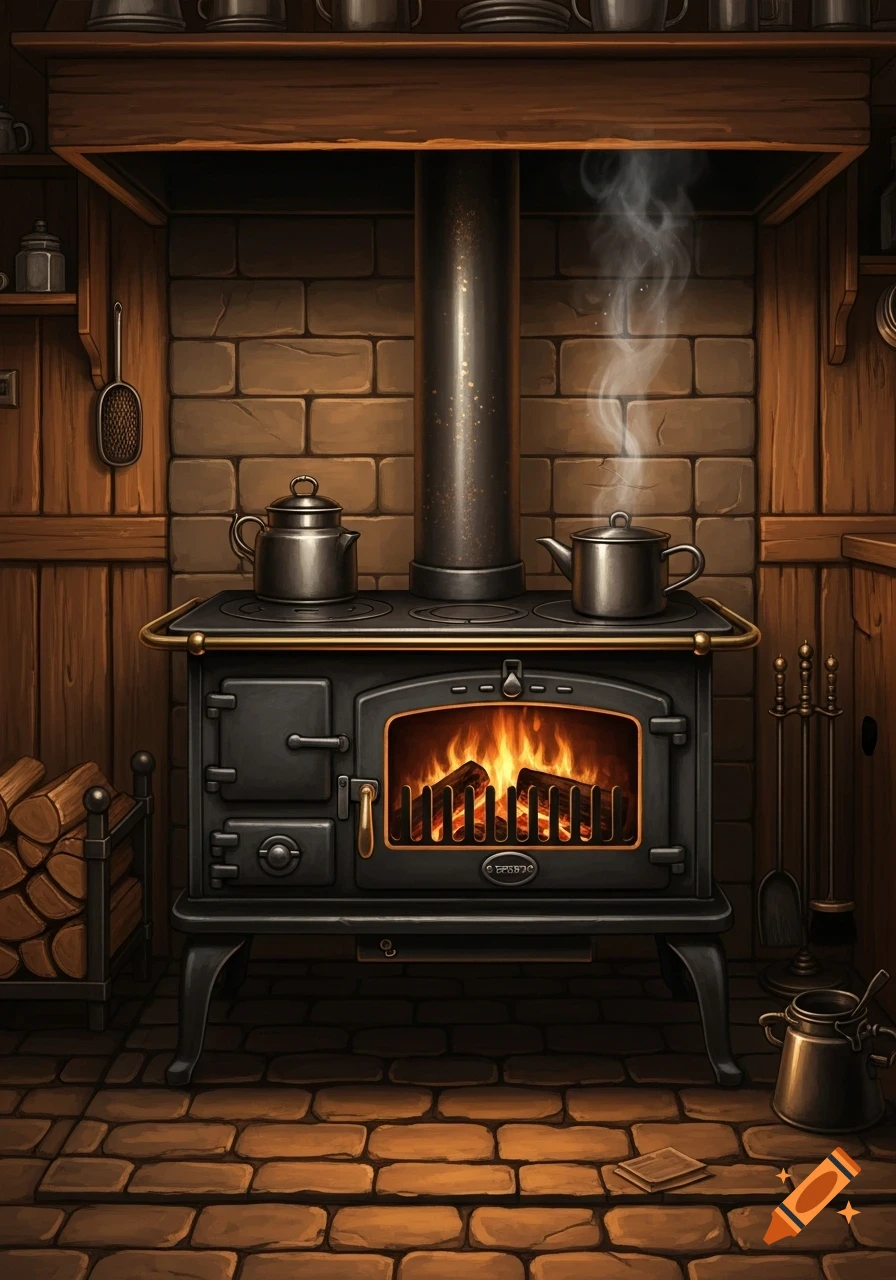 A rustic wood stove with fire and teapots, set in a cozy brick and wood kitchen.